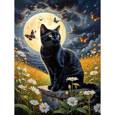 Olympus Diamond Painting "Black cat in a meadow with daisies and a full moon" - Ψηφιδωτό Μωσαικό "Μαύρη γάτα σε λιβάδι με μαργαρίτες και ολόγιομο φεγγάρι" 40Χ30