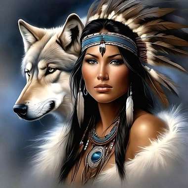 Olympus Diamond Painting "Indian woman and a wolf" - Ψηφιδωτό Μωσαικό "Ινδιάνα με λύκο" 50Χ40