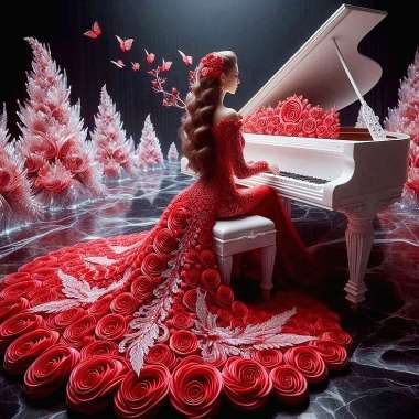 Olympus Diamond Painting "Red flower dress lady,playing the piano" - Ψηφιδωτό Μωσαικό "Γυναικα στα κόκκινα παίζει πιάνο " 50Χ40