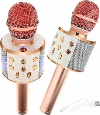 Ασύρματο Μικρόφωνο Καραόκε με Bluetooth και μεγάφωνο σε Ροζ Χρυσό, 23x7.5 cm - Aria Trade