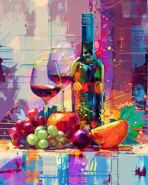 Olympus Diamond Painting "Abstract Wine bottle & fruit painting" - Ψηφιδωτό Μωσαικό "Αφηρημένη ζωγραφική με μπουκάλι κρασιού και φρούτα" 50Χ40