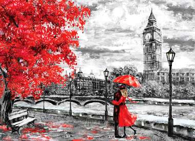 Olympus Diamond Painting "Couple in love in red at Big Ben" - Ψηφιδωτό Μωσαικό "Ερωτευμένο ζευγάρι στα κόκκινα στο Λονδίνο, big ben " 50Χ40