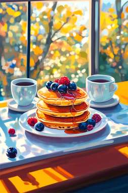 Olympus Diamond Painting "Berry pancakes with Coffe,best breakfast" - Ψηφιδωτό Μωσαικό "Τηγανίτες με μούρα και καφέ, το καλύτερο πρωινό" 40Χ30