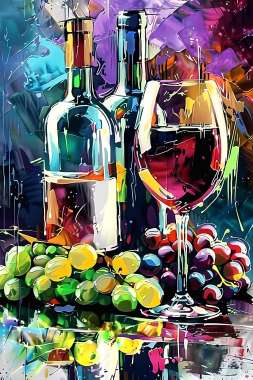 Olympus Diamond Painting "Abstract colorful painting,glass with wine,bottles of wine and grapes" - Ψηφιδωτό Μωσαικό "Αφηρημένη πολύχρωμη ζωγραφική, ποτήρι με κρασί, μπουκάλια κρασιού και σταφύλια" 50Χ70