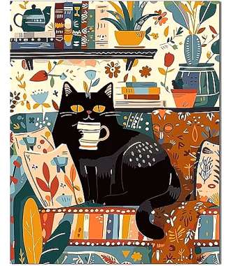 Olympus Diamond Painting "Classy cat enjoys her coffee on the couch" - Ψηφιδωτό Μωσαικό "Αριστοκρατική γάτα  απολαμβάνει τον καφέ της στον καναπέ" 50Χ40