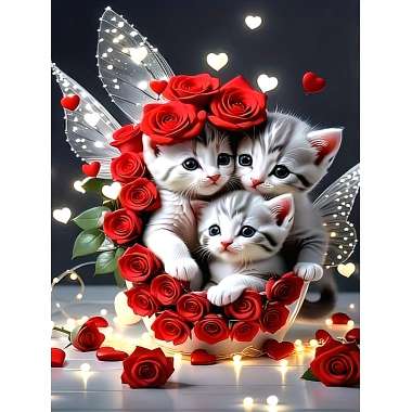 Olympus Diamond Painting "Three kittens with fairy wings and red roses" - Ψηφιδωτό Μωσαικό "Τρία γατάκια με φτερά νεράιδας και κόκκινα τριαντάφυλλα" 50Χ40