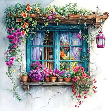 Olympus Diamond Painting "Beautiful flowered window" - Ψηφιδωτό Μωσαικό "Όμορφο λουλουδιασμένο παράθυρο" 50Χ40