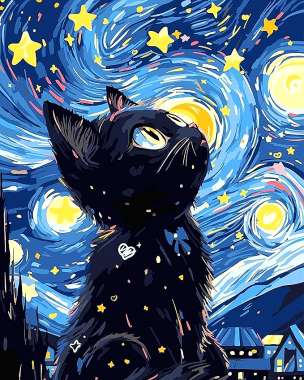 Olympus Diamond Painting "Cat watch the starry night" - Ψηφιδωτό Μωσαικό "Γατούλα παρακολουθεί την έναστρη νύχτα" 50Χ40