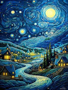 Olympus Diamond Painting "Small Village on a Starry Night" - Ψηφιδωτό Μωσαικό "Χωριουδάκι σε έναστρη νύχτα" 50Χ40