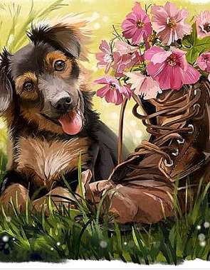 Olympus Diamond Painting "Dog shoe " - Ψηφιδωτό Μωσαικό "Σκυλάκι με μπότα" 40x30