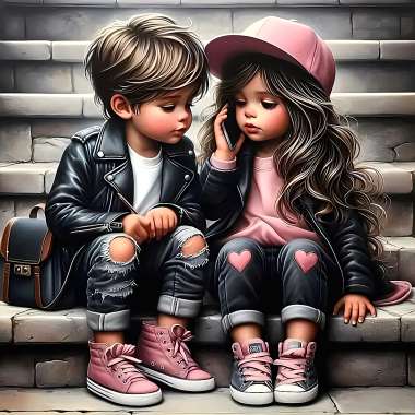 Olympus Diamond Painting "Boy and girl on the stairs" - Ψηφιδωτό Μωσαικό "Αγοράκι και κοριτσάκι στις σκάλες" 50X40