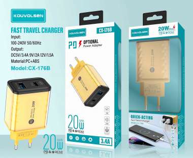 Αντάπτορας φόρτισης Fast Charge με 2 θύρες USB-A & Type-C - 20W - CX-176B - 271764