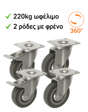Olympus Σετ 4τμχ Υψηλής ποιότητας ροδάκια/τροχοί επίπλου από σίδηρο & καουτσουκ(2τμχ με φρένο & 2τμχ χωρίς φρένο)